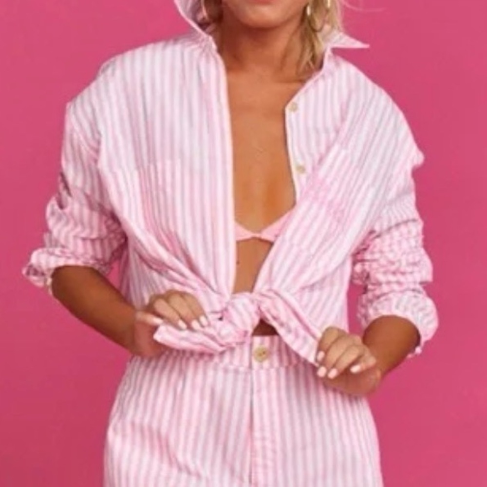 Show me your MUMU BARBIE Pink Striped Shirt NWT size small oversized button down